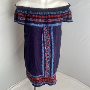 THML navy blue multicolor southwestern embroidered print off shoulder dress
